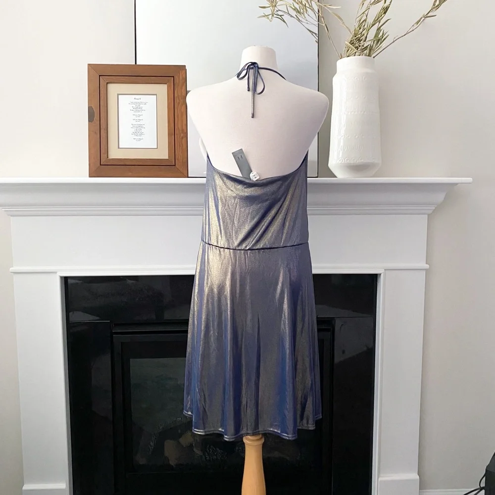❗️FINAL PRICE CLOSET CLOSING Halston Heritage Blue Gold Metallic Halter Dress - Picture 6 of 8
